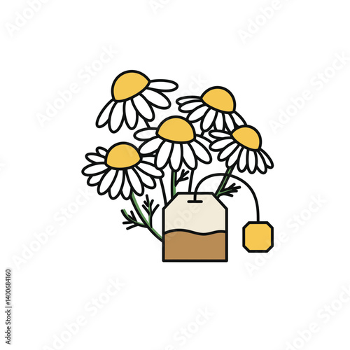Chamomile Tea Bag Illustration: A cheerful illustration features a bunch of chamomile flowers alongside a tea bag, suggesting relaxation and herbal remedy.