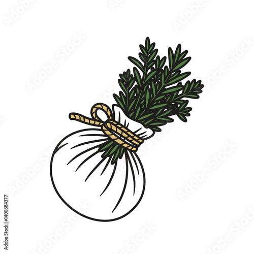 Rosemary Sachet Illustration: A delicate line art illustration of a fragrant rosemary sachet, hand-drawn in a minimalist style with a tied twine and fresh leaves.