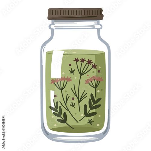 Floral Infused Glass Jar: A whimsical glass jar, adorned with delicate floral sprigs and delicate leaves. The jar is filled with a vibrant green liquid.