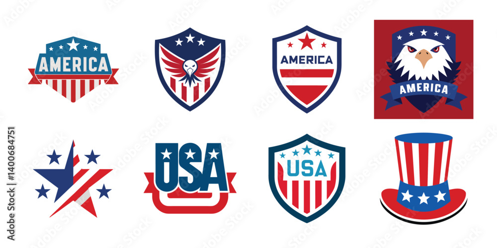 4th of July vector elements set. Collection of American Independence Day vectors, shield, banner, hat, sunglass, map collection 4th of July vector elements set. Collection of American Independence Day vectors, shield, banner, hat, sunglass, map collection