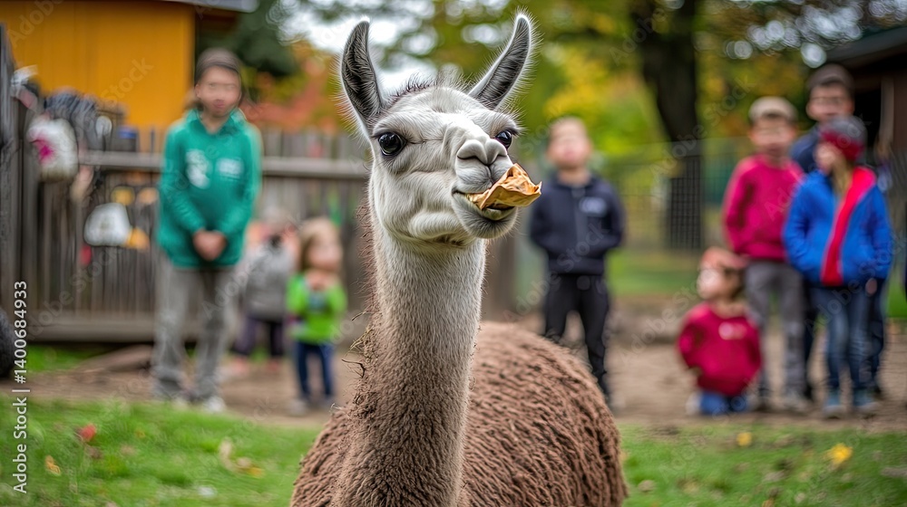 Obraz premium A llama chewing on a paper bag containing snacks at a petting zoo. Kids watching in surprise.