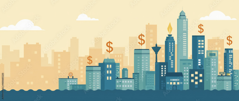 Real Estate Investment: Cityscape with Dollar Signs Symbolizing Property Investment Real Estate Investment: Cityscape with Dollar Signs Symbolizing Property Investment
