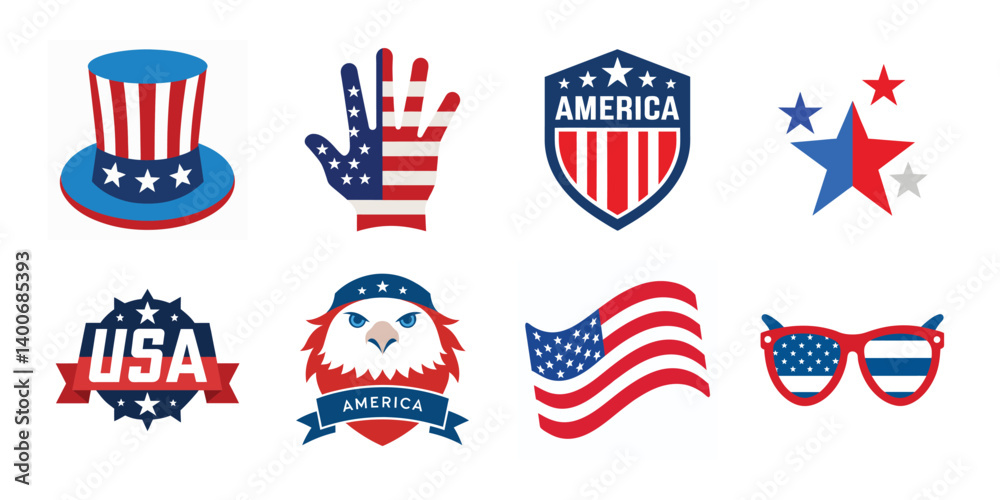 4th of July vector elements set. Collection of American Independence Day vector illustrations on white background 4th of July vector elements set. Collection of American Independence Day vector illustrations on white background