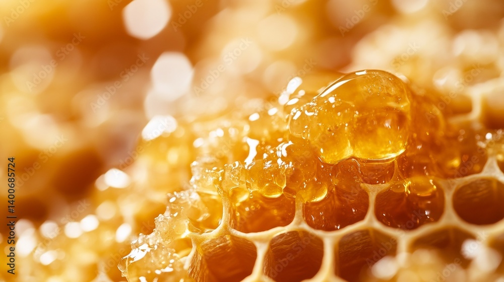 Close-up of golden honey dripping on honeycomb Close-up of golden honey dripping on honeycomb