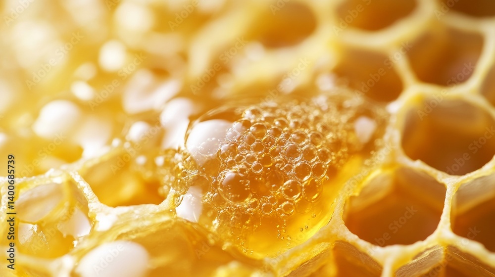 Close-up of shiny honeycomb filled with golden honey Close-up of shiny honeycomb filled with golden honey