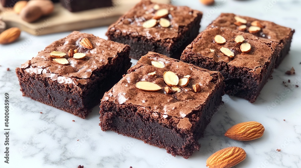 Chocolate brownies with gooey fudge center and crunchy almond topping for extra texture Chocolate brownies with gooey fudge center and crunchy almond topping for extra texture