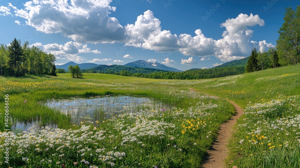 Fototapeta premium Illustration of a serene countryside landscape featuring a clear pond in the foreground