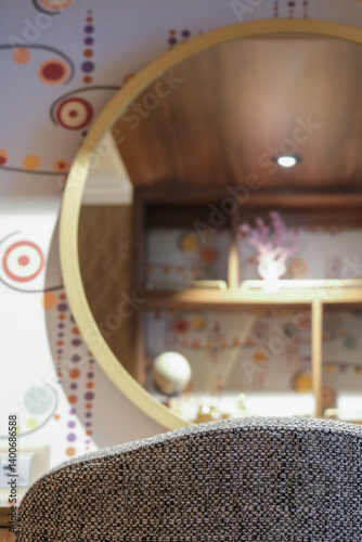 Obraz na płótnie Luxurious mini suite stateroom cabin room onboard luxury cruise ship cruiseship ocean liner with bedroom and living area in red and creme with wood in modern Art Deco interior design w salonie