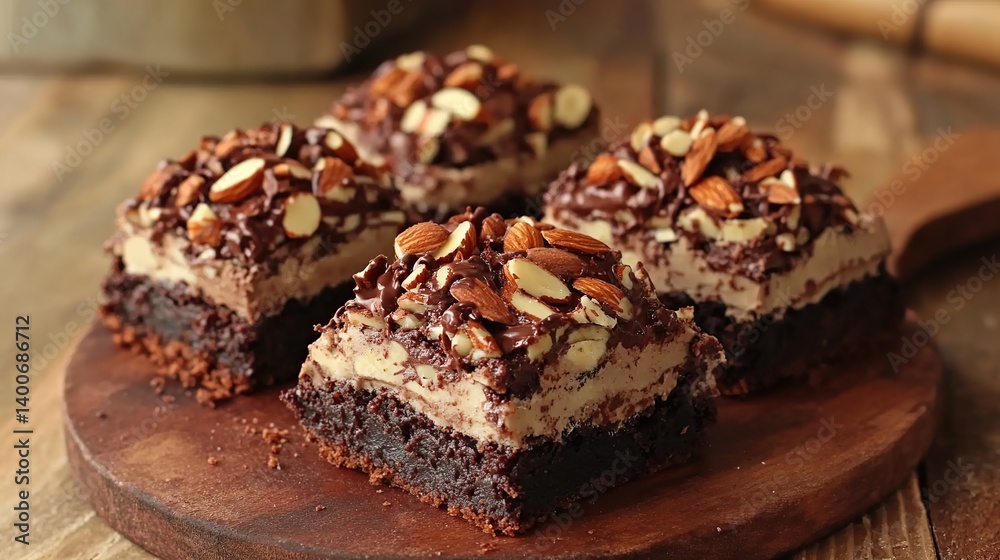 Chocolate brownies with gooey fudge center and crunchy almond topping for extra texture