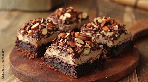Obraz na płótnie Chocolate brownies with gooey fudge center and crunchy almond topping for extra texture w salonie