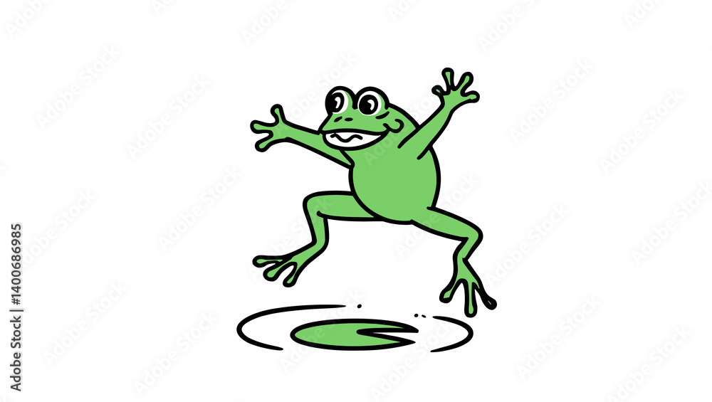 Fototapeta premium Cartoon frog leaping over pond on white background