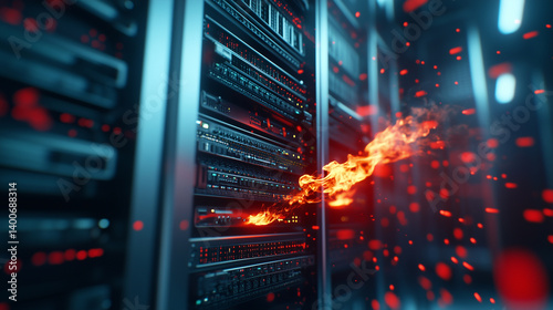 A server rack ablaze in a data center, with flames leaping from the hardware. Thick smoke billows out, creating an emergency situation that demands immediate attention to prevent m