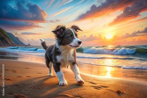 Adorable Maui Border Collie Puppy Plays on Big Beach Sand photo