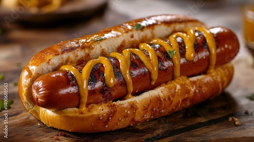 Savory grilled hot dog with mustard on a rustic wooden table