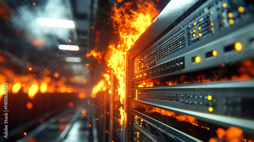 Close-up of a server rack on fire inside a data center, flames burning fiercely. The smoke is thick and overwhelming, making it clear that the situation calls for immediate emergen