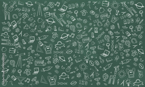 Concept of education School background chalkboard with different stuff. Welcome back to school design vector.