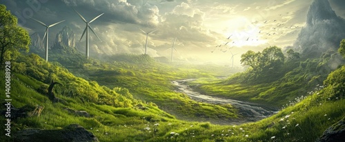 Picturesque landscape featuring wind turbines alongside lush green fields
