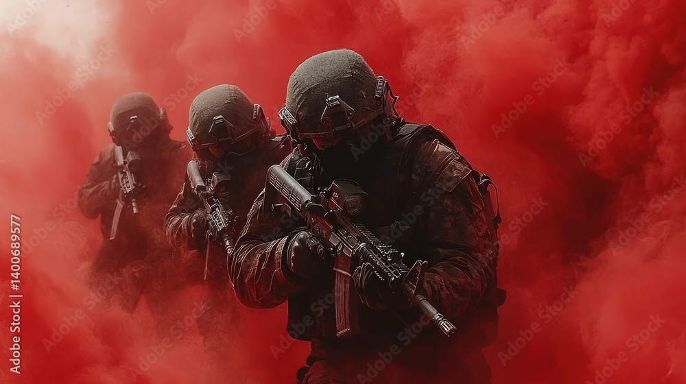 Fototapeta premium Military operation in dense smoke