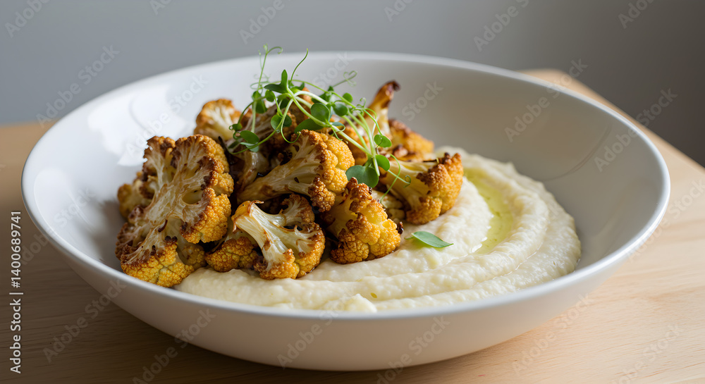 Roasted Cauliflower and Garlic Mash Bowl Garnished with Fresh Herbs Roasted Cauliflower and Garlic Mash Bowl Garnished with Fresh Herbs