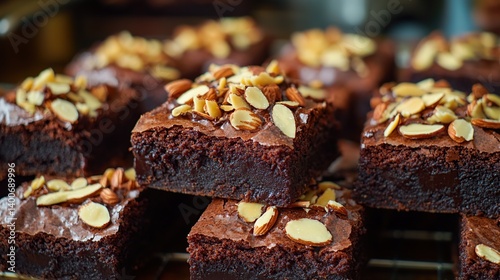 Chocolate brownies with gooey fudge center and crunchy almond topping for extra texture