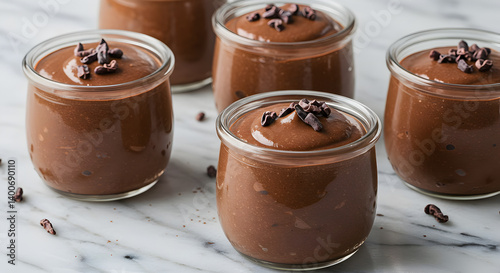 Indulgent Dark Chocolate Mousse Dessert Pots on a Marble Surface