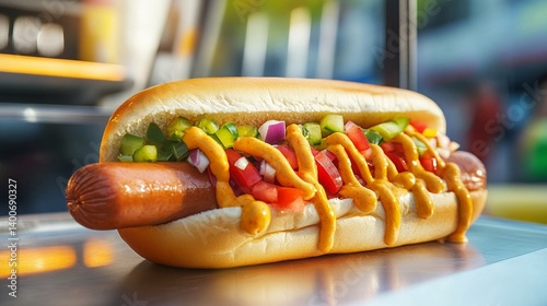 Delicious gourmet hot dog with mustard, onions, peppers, and pickles on a fresh bun