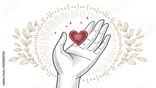 Hand holding red heart in vintage engraved style