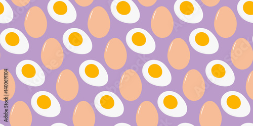 Half boiled egg with yolk and Whole beige egg Seamless Pattern Egg Day Background Trendy lilac fond