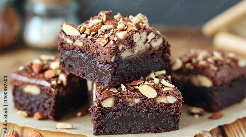 Chocolate brownies with gooey fudge center and crunchy almond topping for extra texture