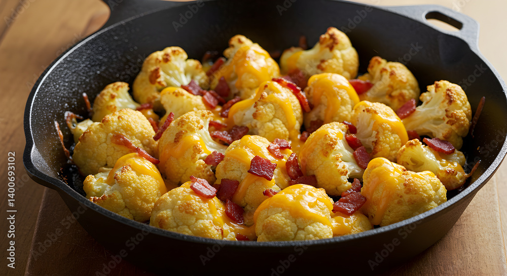 Delicious Cheesy Bacon Cauliflower Bites in a Cast Iron Skillet Ready To Eat Delicious Cheesy Bacon Cauliflower Bites in a Cast Iron Skillet Ready To Eat