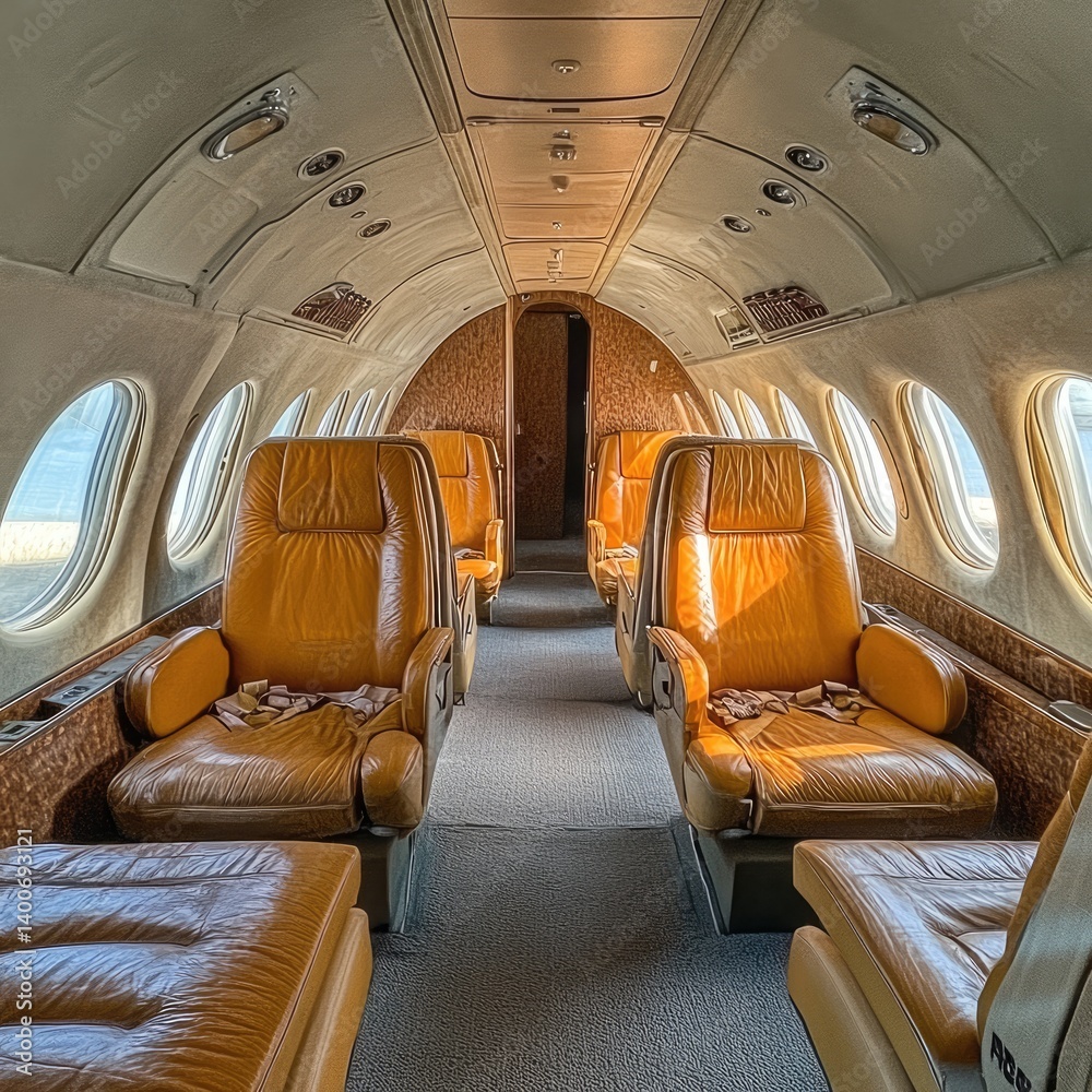 Fototapeta premium Interior of vintage jetliner with tan leather seats