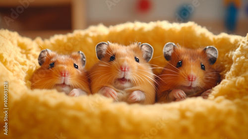 Bright close-up of trio of hamsters lounging in an exercise wheel, surrounded by soft bedding and toys. Their small ears twitch as they enjoy the moment.
