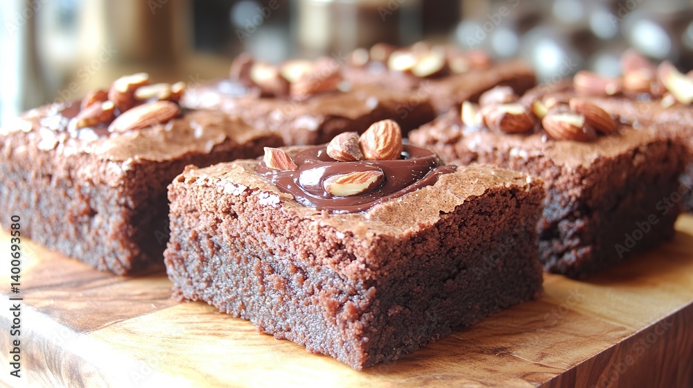 Fudgy brownies with a swirl of chocolate and roasted almond pieces on top