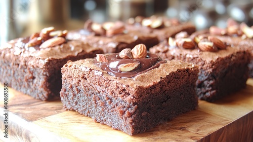 Obraz na płótnie Fudgy brownies with a swirl of chocolate and roasted almond pieces on top w salonie