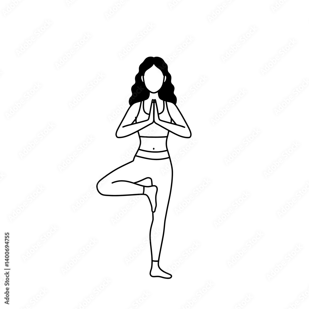 Yoga Tree Pose: A line drawing illustration of a woman performing the tree pose in yoga, showcasing balance, strength, and serenity. Yoga Tree Pose: A line drawing illustration of a woman performing the tree pose in yoga, showcasing balance, strength, and serenity.