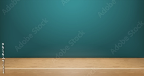 Vector Wooden Top Studio Room Scene Backdrop Mockup. Limbo Abstract 3d Product Presentation Background. Wall Shelf Minimalistic Promo Showcase Display Shelf Tabletop. Clear Podium Stage Template