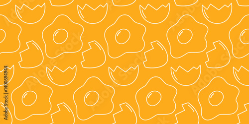 Freehand Outline Fried eggs Cracked eggshell Seamless Pattern Culinary Recipe Yolk shade Background