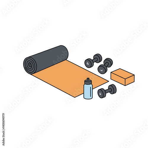 Home Workout Essentials: An orange yoga mat with a rolled up black mat, water bottle, two pairs of dumbbells, and a yoga block, laid out for a home workout session.  