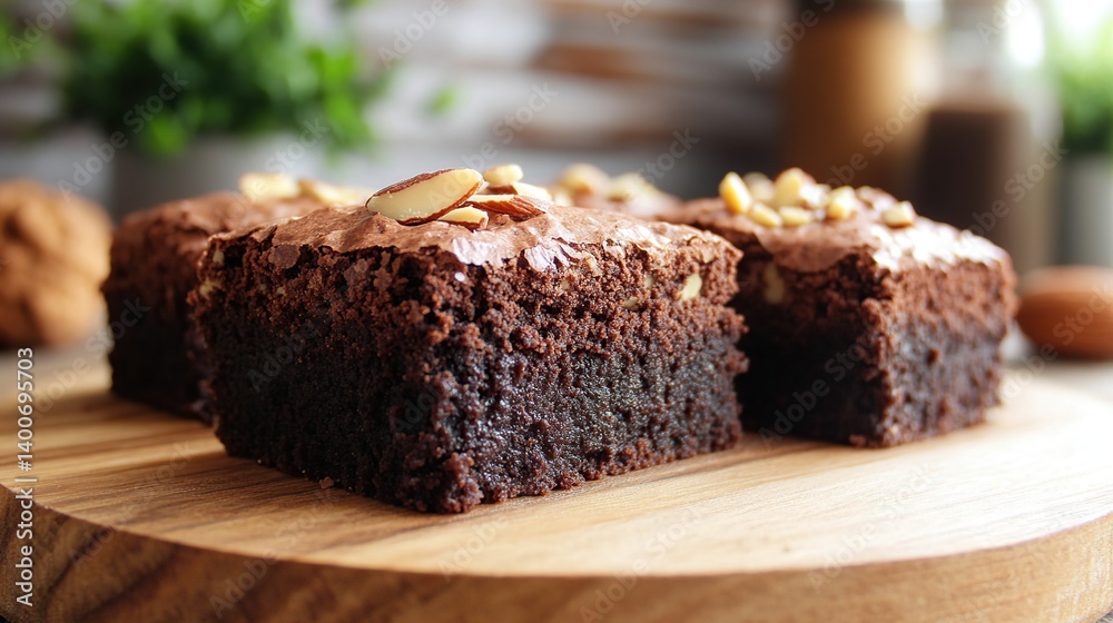 Fudgy brownies with a swirl of chocolate and roasted almond pieces on top