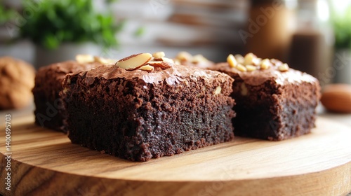 Obraz na płótnie Fudgy brownies with a swirl of chocolate and roasted almond pieces on top w salonie