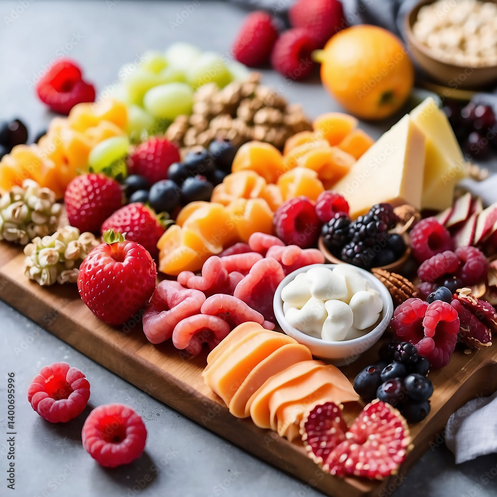 A delicious and colorful charcuterie board with fresh fruit, chocolate, and sweets A delicious and colorful charcuterie board with fresh fruit, chocolate, and sweets