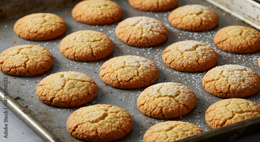 Homemade Almond Flour Cookies with Powdered Sugar on Baking Sheet Homemade Almond Flour Cookies with Powdered Sugar on Baking Sheet