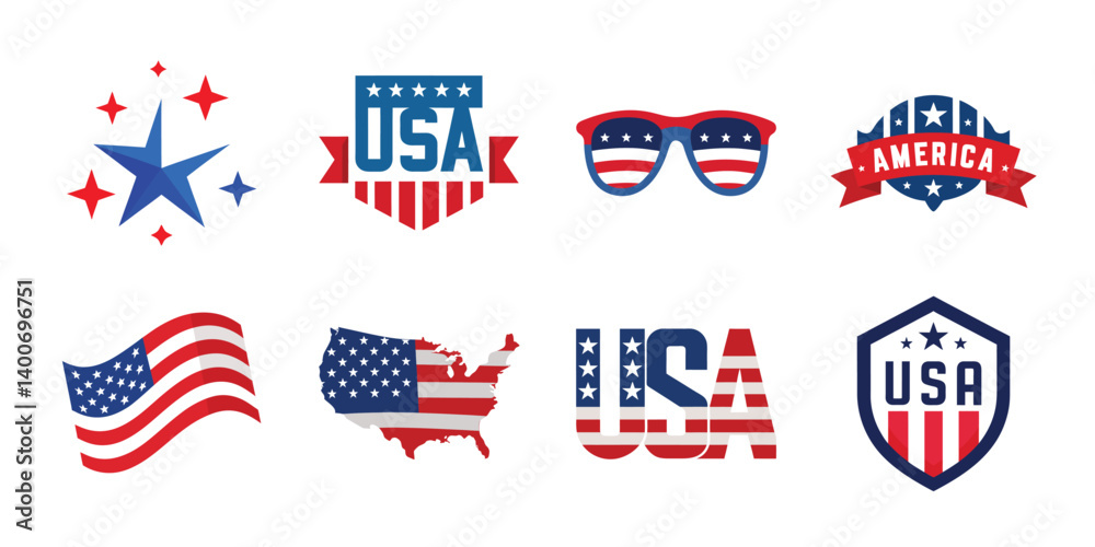 4th of July vector elements set. Collection of American Independence Day vector illustrations on white background 4th of July vector elements set. Collection of American Independence Day vector illustrations on white background