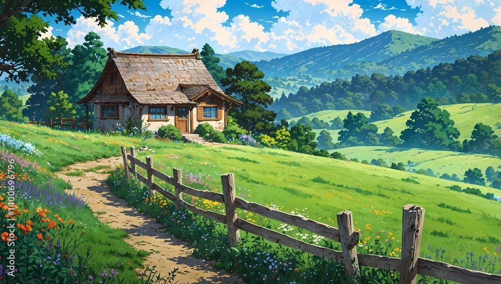 Peaceful mountain village with green meadows and wooden huts under a blue sky anime landscape Peaceful mountain village with green meadows and wooden huts under a blue sky anime landscape