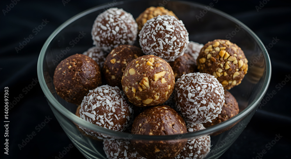 Delicious Keto Fat Bomb Bites Displayed In Glass Bowl With Dark Background Delicious Keto Fat Bomb Bites Displayed In Glass Bowl With Dark Background