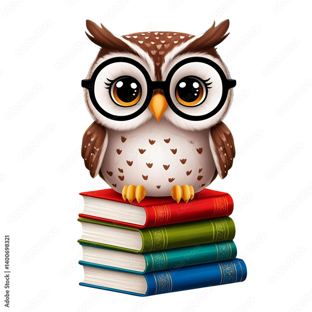 Fototapeta premium Cute Owl with Glasses Sitting on Books PNG – Educational Cartoon Mascot with Transparent Background