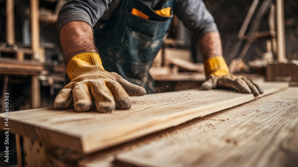Carpenter sanding wood planks in a workshop. Featuring craftsmanship and attention to detail Carpenter sanding wood planks in a workshop. Featuring craftsmanship and attention to detail