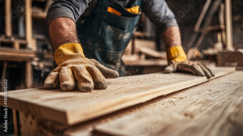Carpenter sanding wood planks in a workshop. Featuring craftsmanship and attention to detail