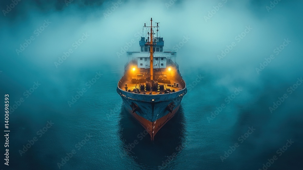 Fototapeta premium Cargo ship in foggy sea