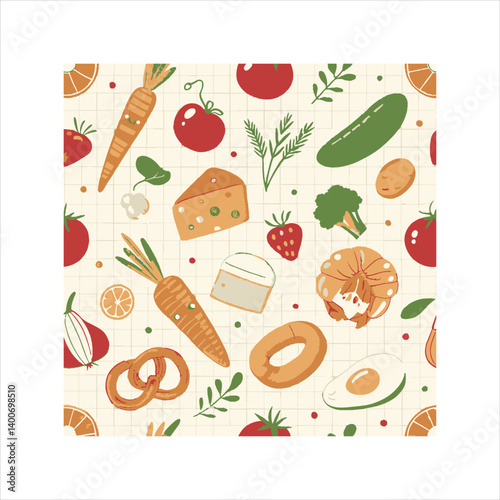  "Seamless Culinary Pattern Design with Fruits and Dishes"